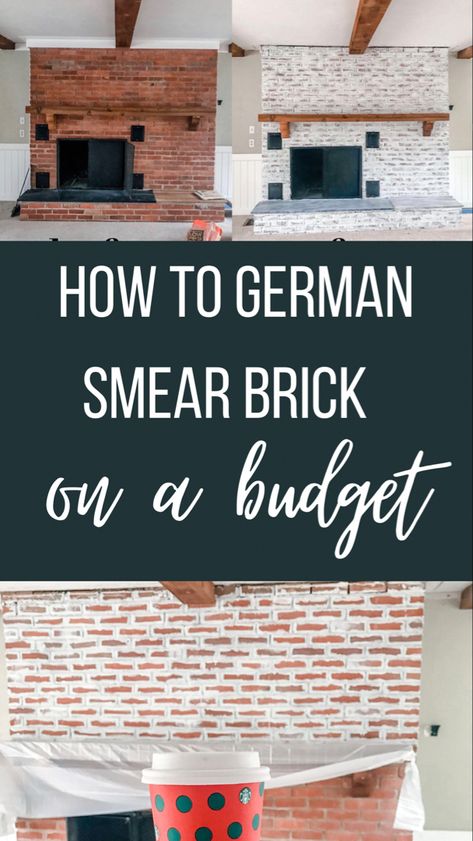 Diy German schmear brick fireplace German Shmere Brick House, Minimal Farmhouse Decor, German Smear Technique, German Smear Brick, German Schmear, German Smear, Red Brick Fireplaces, Budget Farmhouse, Painted Brick Fireplace