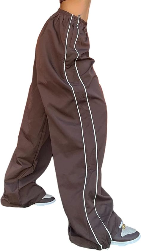 Womens Parachute Pants Wide Leg Baggy Pants Y2K Elastic Waist Jogger Sweatpants Track Pants Streetwear Low Waist Sweatpants, Taking Walks, Crop Tops Casual, Loose Cargo Pants, Track Shirt, Track Pants Outfit, Hiking Fitness, Wide Leg Jeans Outfit, High Heels Sneakers