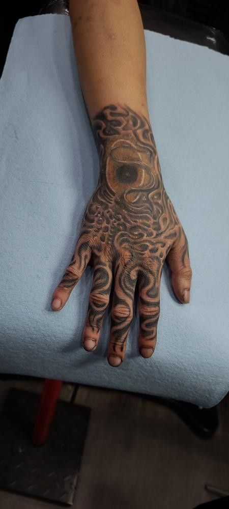 My hand tattoo Full Hand Tattoo Men, Hand Tattoo Men, Hand Aesthetic, Full Hand Tattoo, Aesthetic Tattoo, Hand Tattoo, Leather Glove, Hand Tattoos, Tattoos For Guys