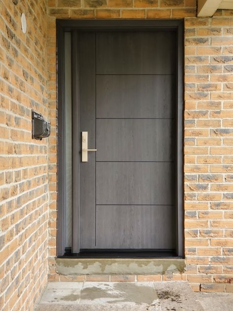 Fiberglass door with multipoint lock and sandblasted sidelite. Fiberglass Exterior Doors With Sidelights, Modern Fiberglass Front Door, Custom Front Entry Doors, Solid Exterior Door, Exterior Doors With Sidelights, House Front Door Design, Fiberglass Exterior Doors, Fiberglass Front Door, Creek House