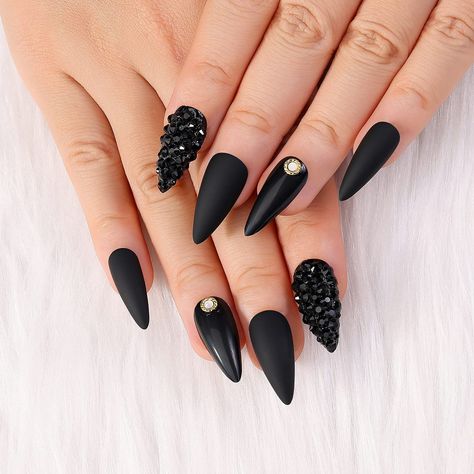 PRICES MAY VARY. Total 24pcs black medium long stiletto press on nails: 12pcs black matte style, 12pcs black glossy style (Including 2pcs with full 3D rhinstones, 2pcs with gold circle nail studs mixed opal rhinestones), Your can apply these false nails together or separately to have your own different press on nails. Each nails set in 12 different sizes, nails can be filed or clipped to any length or shape, making them fully customizable to suit you. Pre-designed full cover false nail easy to a Nails Black Medium, Matte Stiletto Nails, Almond Stiletto, Press On Nails Black, Black Almond Nails, Acrylic Nails Stiletto, Black Stiletto Nails, Black Acrylic Nails, Studded Nails