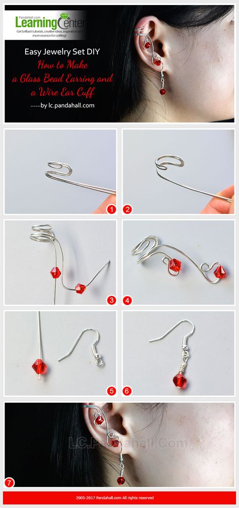 Only with a piece of jewelry wire, three pieces of glass beads, and several basic earring making supplies, you can quickly finish this stylish glass bead earring and wire cuff earring at home. Elf Earrings Diy, Pirate Jewelry Diy, Wire Elf Ears Diy Tutorials, Diy Earrings Easy Wire Jewelry, Wire Ear Cuffs Diy, Ear Cuff Tutorial, Easy Jewelry Making Ideas, Ear Cuff Diy, Cuffs Diy