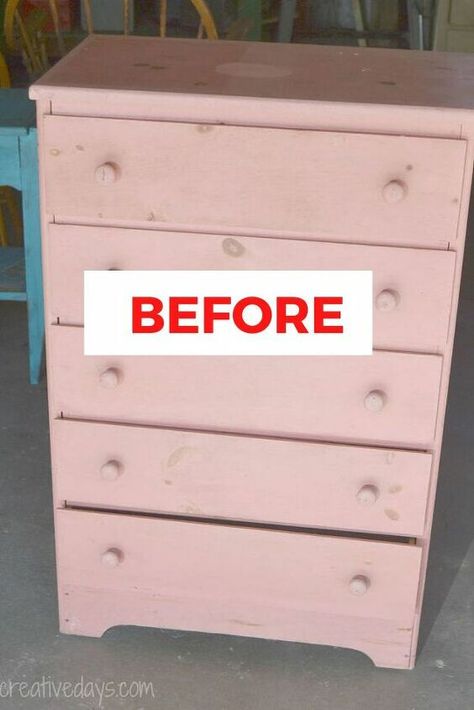 Remove Paint From Glass, Pink Chest Of Drawers, Dresser Makeover Diy, Dresser Upcycle, Chest Of Drawers Makeover, Easy Weekend Projects, Diy Dresser Makeover, Country Chic Paint, Budget Home Decorating