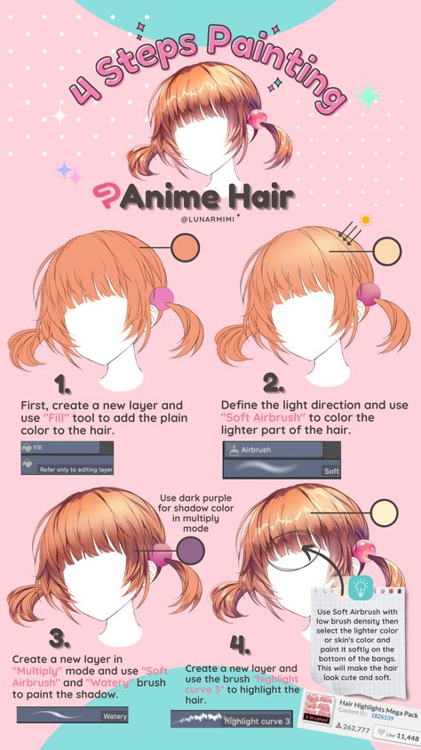 Anime Hair Highlights Tutorial, Easy Hair Shading Tutorial, How To Draw Hair Color, Anime Hair Shine Tutorial, Anime Hair Guide, How To Highlight Hair Drawing, Hair Shine Tutorial Drawing, How To Shade Brown Hair Digital, Anime Hair Painting