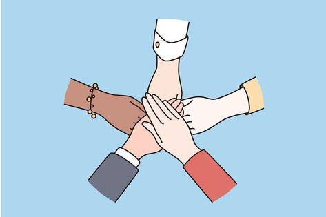 Teamwork, diversity, agreement, partnership concept. Human hands of mixed ethnic group holding together. meaning social community and unity vector illustration Group 2 Logo, Community Cartoon, Group Holding Hands, Teamwork Drawing, Partnership Illustration, Unity Illustration, Community Graphic, Community Illustration, Community Drawing