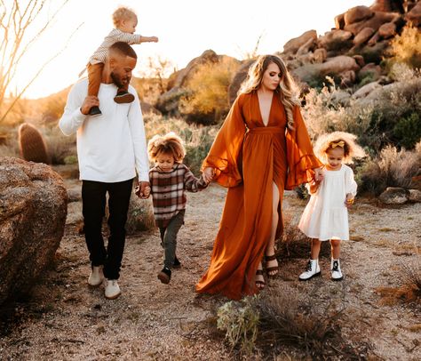 Rust Orange Fall Family Pictures, Bohemian Family Photoshoot Outfit, Long Dress For Fall Family Pictures, Long Dress Family Pictures, Boho Chic Family Photoshoot, Boho Style Family Photoshoot, Family Pictures In The Desert, Desert Family Portraits, Rust Orange Family Pictures