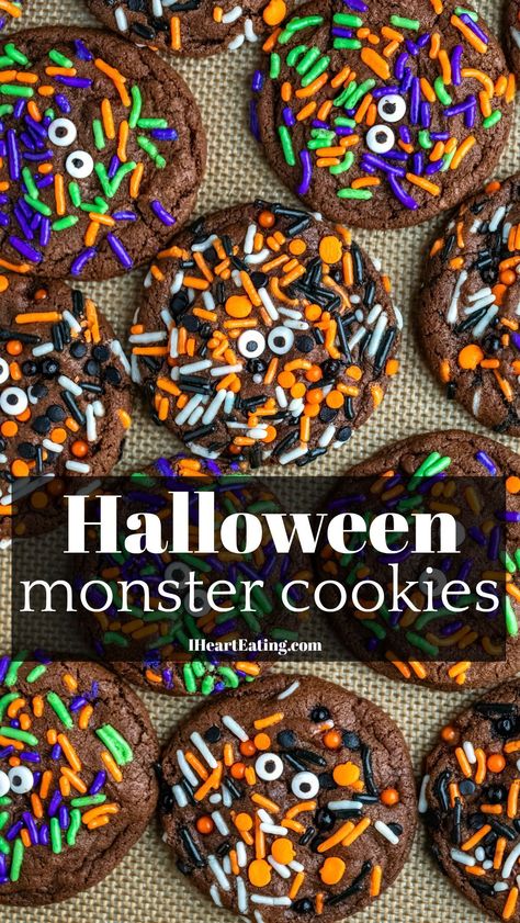 Halloween Monster Cookies are soft chocolate sprinkle cookies that make a great Halloween dessert and are ready in just 20 minutes! Chocolate Sprinkle Cookies, Halloween Monster Cookies, Halloween Cookies Recipes, Halloween Chocolate Chip Cookies, Monster Cookies Halloween, Easy Halloween Cookies Recipes, Halloween Sugar Cookies Decorated, Monster Cookies Recipe, Halloween Cookie Recipes