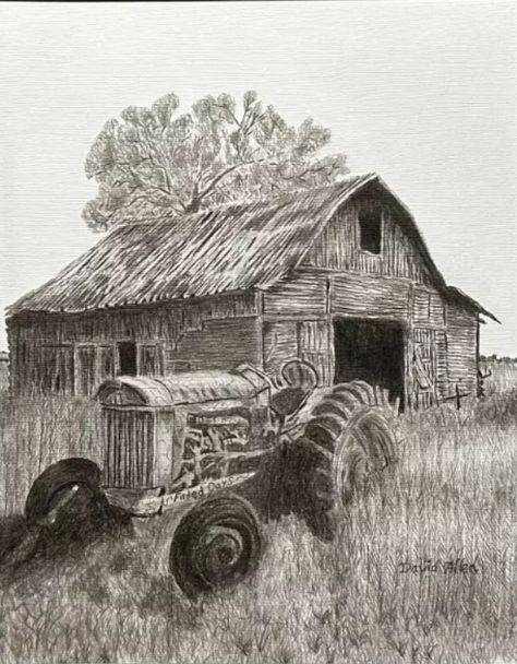 Graphite Pencil Art, Pig Sketch, Tractor Drawing, Tractor Barn, David Allen, Graphite Art, Old Tractor, Pen Art Drawings, 11x14 Frame