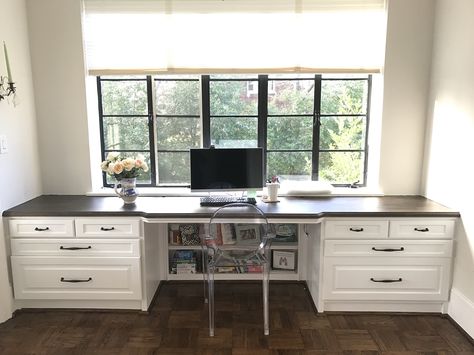 Custom Built in desk big window oak top hidden bookcase Desk With Bookshelves, Hidden Bookcase, Cottage Build, Kitchen Desk Areas, Desk Window, Window Desk, Hidden Desk, Guest Bedroom/office, Office Built Ins