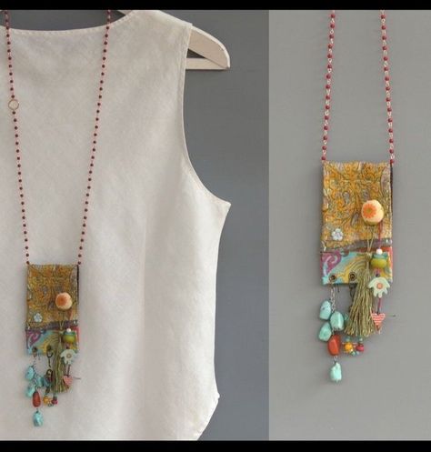 Hippie Stil, Textile Necklace, Upcycled Fabric, Embroidered Necklace, Bohemian Jewellery, Mixed Media Jewelry, Fiber Jewelry, Fabric Necklace, 자수 디자인