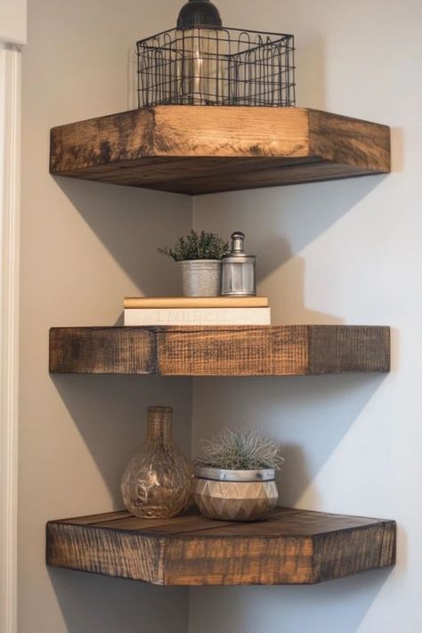 "Maximize your space with DIY floating corner shelves! Perfect for small rooms or awkward corners. 🛠️✨ #DIYHomeDecor #CornerShelves #SpaceSaving" Diy Floating Corner Shelves, Corner Shelf Diy, Corner Shelf Decor, Ikea Kitchen Installation, Diy Corner Shelves, Small Corner Shelves, Corner Floating Shelves, Diy Corner Shelf, Rustic Corner Shelf