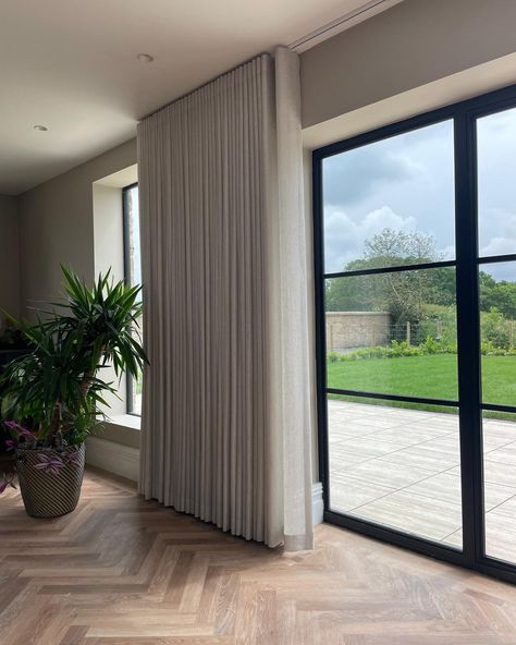 WOW just wow 😮 This home is just so beautiful. A lovely project we’ve been working on for a while now with the lovely interior designer Rachael @featherandpaint Our client wanted to show as much glass as possible on these windows as the views are amazing. We were able to extend the wave tracks along the walls so the curtains don’t obstruct the view during the daytime. It’s going to be even more stunning when the new dining table is in situ ❤️ #view #rural #kitchen #diningroom #openplanliv... Wave Track Curtains, Rural Kitchen, Farmhouse Reno, New Dining Table, Lovely Interior, Wave Curtains, Wardrobe Door Designs, The Curtains, Wardrobe Door