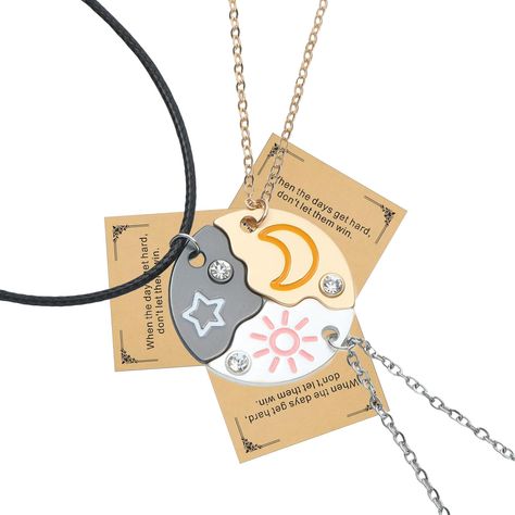 PRICES MAY VARY. Trio Necklace Set---The Friendship necklace consists of a collection of each necklace engraved with "Weird 1," "Weird 2," or "Weird 3," symbolizing an unbreakable bond of friendship. A special BFF necklace to celebrate your eternal friendship. Stitch Necklace-stitch necklace---Sun necklace, Moon necklace and star necklace Fashion, exquisite is the eternal witness of your friendship, heart-shaped pendant with the charm of exotic flowers 1, 2, 3, let your friends cherish forever. 3 Matching Necklaces, Weird Necklace, Friendship Heart, Stitch Necklace, Bff Necklace, Trio Necklace, 3 Best Friends, Bff Matching, Necklace Sun