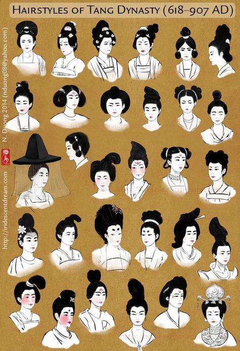 Hairstyles of China's Tang Dynasty Women by lilsuika on DeviantArt Tang Dynasty Hairstyles, Dynasty Hairstyles, Turandot Opera, Chinese Dynasty, Drawing Hair, Chinese Hairstyle, Chinese History, Tang Dynasty, Poses References