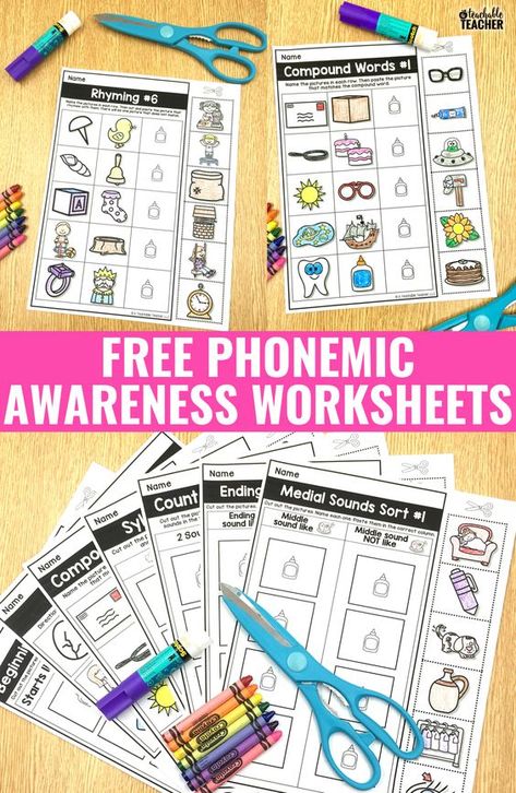 FREE phonemic awareness worksheets...these activities are perfect for kindergarten and first grade! Beginning sounds sorts, rhyming and more! Free Phonemic Awareness Printables, Phonemic Awareness Activities, Preschool Reading, Worksheets Kindergarten, Kindergarten Ela, Reading Games, Phonics Kindergarten, Struggling Readers, Early Reading