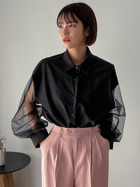 Black Casual Collar Long Sleeve Polyester Plain Shirt Embellished Non-Stretch  Women Clothing Puffy Sleeve Shirt, Mesh Button Up, Prom Outfit, Sheer Shirt, Plain Shirt, Prom Outfits, Mesh Sleeves, Mesh Long Sleeve, Women Blouses