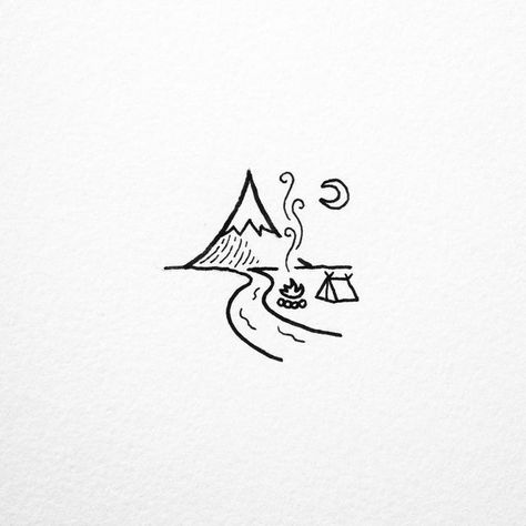 Camping drawing Simple Volcano Tattoo, Volcano Drawing Simple, Volcano Sketch, Tattoo Camping, Indonesia Volcano, Doodle Easy, Camping Tattoo, Camping Drawing, Sharpie Drawings