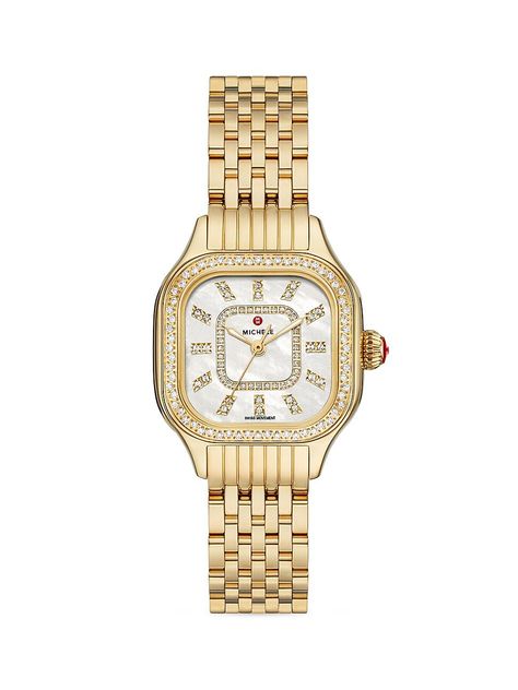 Accented with sparkling hand-set white diamonds, Michele's goldtone stainless steel watch boasts a cushion-shaped case, white mother-of-pearl dial, and seven-link bracelet. This stunning timepiece is from the label's Meggie Collection, a line of watches distinguished by their petite silhouettes and feminine design elements. Swiss three-hand movement Diamonds, 0.47 tcw White mother-of-pearl dial Diamond hour markers Seconds hand Goldtone stainless steel case and bracelet Deployant buckle Two-year Stainless Steel Watch Women, Michele Watches, Latest Watches, Top Rings, Rose Gold Watches, Fine Watches, Women Diamond, Bezel Diamond, Diamond Watch