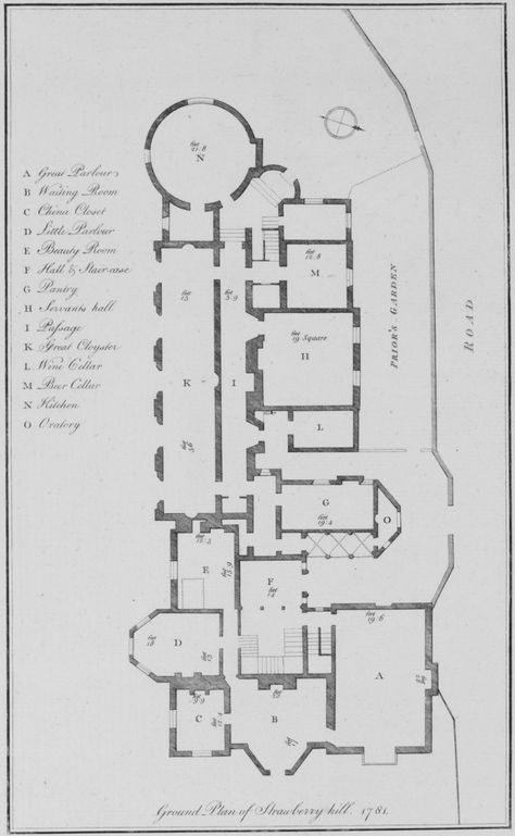 Ground Plan of Strawberry Hill (1748-1777 CE) England - an example of Gothic Picturesque Belgian House, Strawberry Hill House, Ideas House Design, Horace Walpole, Gothic Revival House, Ground Plan, House Design Plans, Ideas For House, English Houses