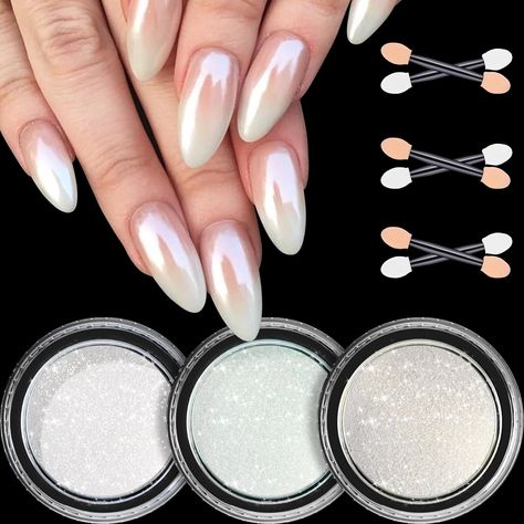 Nails Glazed Donut, White Chrome Powder, Irridescent Nails, Pearl Chrome Nail, Chrome Nails Silver, Nail Art Paillette, Pearl Chrome, White Chrome Nails, Coffin Nails Ombre