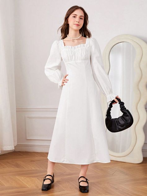 Ruched Bust Dress, Confirmation Dresses, Bust Dress, Girls White Dress, Long White Dress, Flounce Sleeve, Sweetheart Neck, White Casual