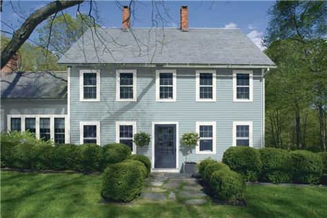 Look at the paint color combination I created with Benjamin Moore. Via @benjamin_moore. Siding: Yarmouth Blue HC-150; Trim: Simply White 2143-70; Door: Newburyport Blue HC-155. Narragansett Green, Green Benjamin Moore, Palladian Blue Benjamin Moore, Outside House Colors, Benjamin Moore Exterior, Benjamin Moore Classic Gray, Palladian Blue, Best Exterior Paint, Exterior Paint Color