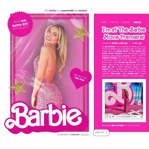 Barbie Pubmat, Barbie Powerpoint, Barbie Poster Design, Barbie Graphic Design, Barbie Poster, Keyword Elements Canva, Yearbook Themes, Watermark Design, Travel Poster Design