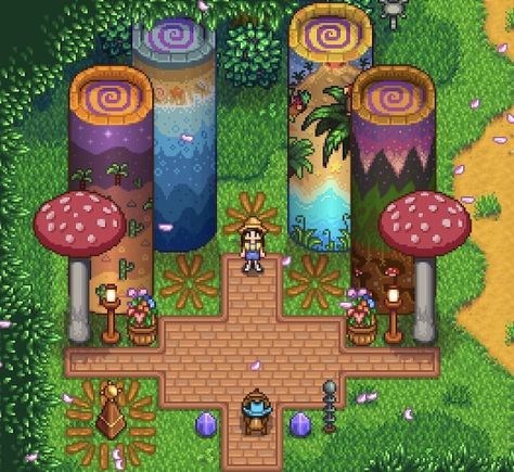 Obelisk Stardew Valley, Stardew Expanded Farm Layout, Stardew Valley Storage Layout, Stardew Junimo Hut Layout, Stardew Obelisk, Honey Stardew Valley, Stardew Valley Farm Decoration Ideas, Stardew Outdoor Decor, Stardew Decoration Ideas