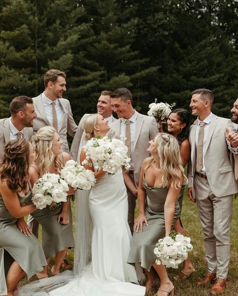 Groomsmen Attire With Bridesmaids, Tan Tuxedo Wedding Sage Green, Wedding Suit Colors, Satin Dresses Wedding, Green Satin Dresses, Sage Green And Champagne Wedding, Spring Bridal Party, Neutral Wedding Party, Up North Cabin