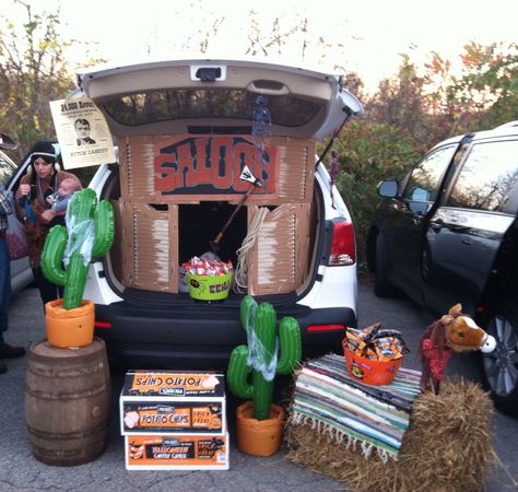 Saloon Trunk or Treat Country Themed Trunk Or Treat, Saloon Trunk Or Treat, Cowboy Theme Trunk Or Treat, Wild West Trunk Or Treat Ideas, Horse Trunk Or Treat, Trunk Or Treat Western Theme, Trunk Or Treat Cowboy Theme, Western Theme Trunk Or Treat, Cowgirl Trunk Or Treat Ideas