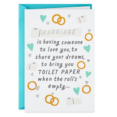 PRICES MAY VARY. Send a laugh alongside best wishes to the happy couple with this funny wedding card. Cover features cute lettering with illustrations of green hearts, gold rings, and toilet paper rolls; text reads "Marriage is having someone to love you, to share your dreams, to bring you toilet paper when the roll's empty…" Inside reads: "Clearly, I shouldn't write wedding vows. Congratulations" Perfect for friends, siblings, cousins, coworkers and more. Funny greeting card measures approximat Wedding Card Cover, Funny Wedding Congratulations, Funny Wedding Cards, Empty Inside, Green Hearts, Wedding Congratulations Card, Wedding Cards Handmade, Wedding Congratulations, Wedding Invitation Card Design