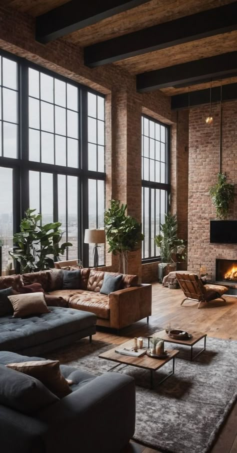 Lux Industrial Interior, Industrial Lodge Decor, Industrial Apartment Interior, Cozy Urban Living Room, New York Style Loft Apartment, New York Industrial Loft, Brick House Aesthetic Interior, Loft Style Living Room Interior Design, Industrial Cozy Living Room