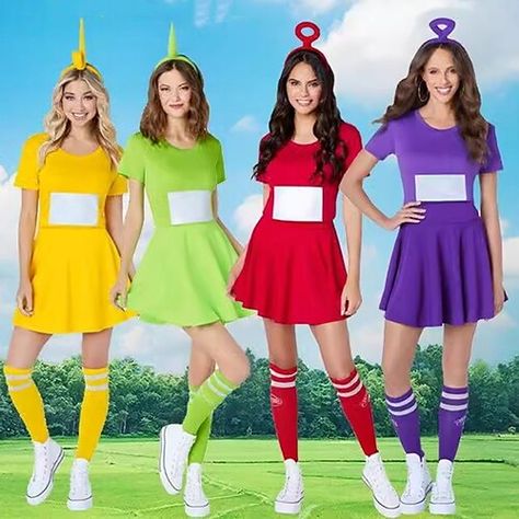 Costume For 2 Best Friends, Four Girls Halloween Costume, Twin Costumes For Teens, Group Work Costumes, Team Costume Ideas, Halloween Costumes For 5 People, Heathers Costume, Diy Group Halloween Costumes, Teletubbies Costume