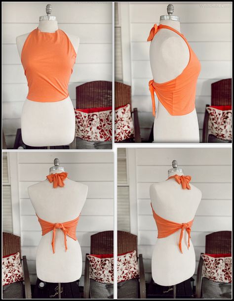 WobiSobi: Easy, No Sew Halter: DIY Halter Top Tshirt, Upcycle Clothes No Sew Easy, Diy Shirt Alterations, Tshirt Halter Diy, Upcycle Tshirt No Sew, T Shirt To Halter Top Diy, Diy Clothes Design No Sew, Cute Cut Up Shirt Ideas, Tshirt Into Halter Top