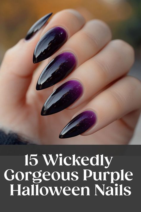 Elevate your Halloween nail game with stunning purple nail designs! Whether you prefer bold and vivid hues or subtle and elegant tones, purple Halloween nails acrylic is the perfect way to add a pop of color to your spooky season style. From intricate spider webs to cute little pumpkins, there are endless possibilities to showcase your creativity this Halloween. Turn heads and make a statement with these eye-catching purple nail art ideas that will definitely get you in the festive spirit. Deep Purple Sparkle Nails, Black Oval Halloween Nails, Witch Nails Stilleto, Black Cat Eye Halloween Nails, Purple Mummy Nails, Purple Nail Designs Birthday, Dark Purple Spooky Nails, Black And Purple Ombre Nails Almond, Halloween Nail Ideas Almond Shape