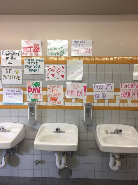 School Replaces Girls' Bathroom Mirrors With Positive Signs | POPSUGAR Family Bathroom Mirror Quotes, Quotes School, College Bathroom, California High School, Mirror Quotes, School Bathroom, White Bathroom Accessories, School Murals, Ra Ideas