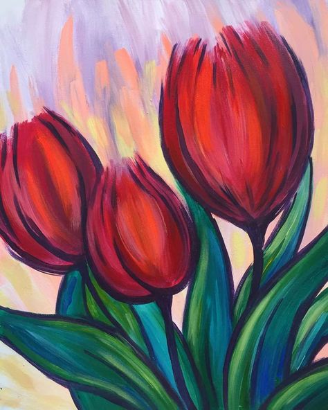 Easy Flower Painting, Tulip Painting, Acrylic Painting Flowers, Pola Kartu, Flower Painting Canvas, Simple Canvas Paintings, Soyut Sanat Tabloları, Oil Pastel Art, Easy Canvas Painting