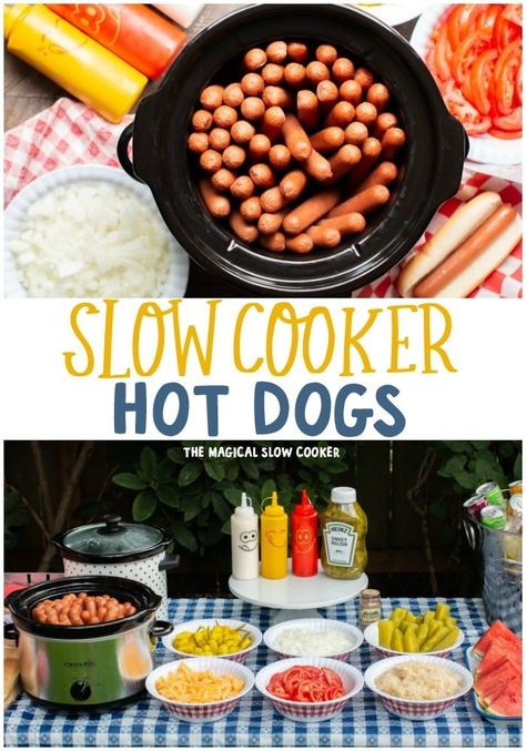 Slow Cooker Hot Dogs are a wonderful way to feed a crowd and taste just as good as hot dogs from a food cart! #hotdogs #hotdogbar #slowcooker Hot Dog Crockpot, Hotdogs For A Crowd, Hotdogs In Crockpot, Hot Dogs In Crock Pot, Crockpot Hotdogs, Crock Pot Hot Dogs, Hot Dogs For A Crowd, Summer Suppers, Hot Dog Party