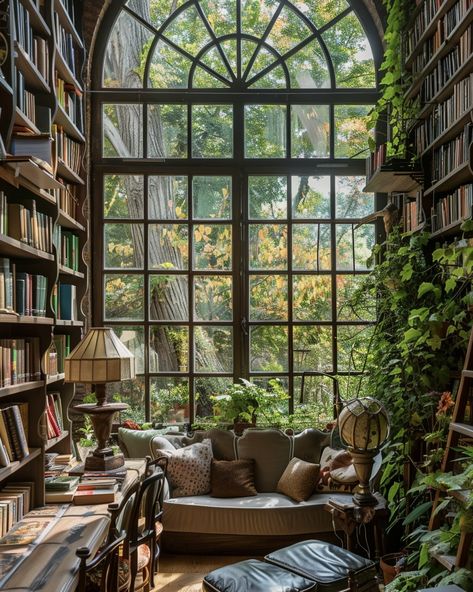 Home Library Two Story, Library Plants Aesthetic, Famous Libraries, Tower Library, Library Window, Book Cottage, Cozy Reading Chair, Victorian Greenhouses, Log Cabin Rustic