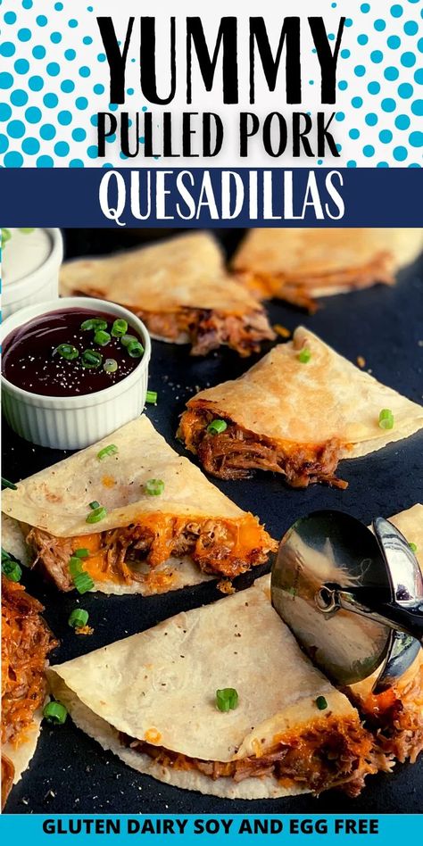 Easy BBQ Pulled Pork Quesadillas are made with crispy, gluten free flour tortillas stuffed full of mouthwatering and tender pulled pork, barbecue sauce, and gooey, melty dairy free cheddar cheese for a dinner win the entire family will love. Pork Carnitas Quesadillas, Pulled Pork Quesadilla Recipes, Pork Quesadilla Recipes, Pulled Pork Quesadillas, Gluten Free Bbq Sauce, Pork Quesadillas, Pork Quesadilla, Gluten Free Flour Tortillas, Pulled Pork Quesadilla