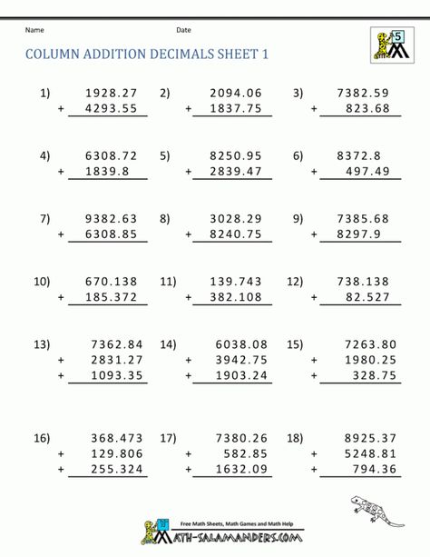 9+ Addition Of Decimals Worksheet 5Th Grade -  -  Check more at https://printable-sheets.com/9-addition-of-decimals-worksheet-5th-grade/ Subtracting Decimals Worksheet, Adding Worksheets, Decimals Addition, Reto Mental, Adding Decimals, Fun Math Worksheets, 5th Grade Worksheets, Math Practice Worksheets, Decimals Worksheets