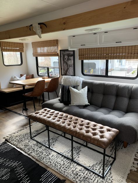 Industrial Rv Remodel, Color Schemes For Rv Camper Interior, Grey Rv Interior, Cozy Rv Aesthetic, Camper Renovation Living Room, 2003 Keystone Montana Remodel, Travel Trailer Dinette Remodel, Blue Rv Interior, Camper Living Room Ideas