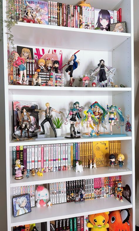 #manga #mangacollection #animefigures #figurecollection #mangashelf #bookshelf #aesthetic #shelf #chainsawman #bananafish #demonslayer #attackontitan #mydressupdarling #onepiece #cinnamoroll #hastunemiku Aesthetic Shelf, Anime Bedroom Ideas, Bookshelf Aesthetic, Geek Room, Chambre Inspo, Shelf Inspiration, Otaku Room, Room Redesign, Anime Room