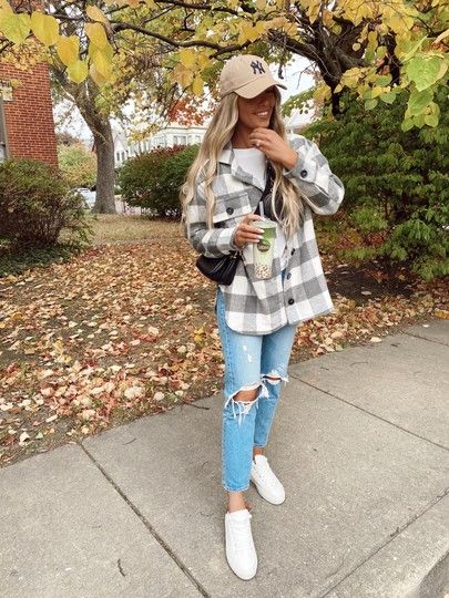 Fall casual cute outfit, SHACKET, plaid flannel style, button up sweater, autumn fashion, baseball hat, Levi’s distressed jeans, stacked white sneakers, amazon fashion, amazon finds, amazon fashion, designer dupe bag, purse, crossbody, Louis Vuitton faux bag http://liketk.it/2Z5jQ @liketoknow.it #liketkit #LTKunder50 #LTKstyletip #LTKsalealert #LTKfall Outfits With Crossbody Bags Casual, Shacket And Sneakers Outfit, Womens Outfit With Baseball Hat, Casual Fall Outfits With Baseball Hat, Black Leggings Outfit Casual Sneakers, Autumn Outfits With Hats, Flannel And Hat Outfit, Shacket Outfits Fall, Fall Outfits Jeans And Sneakers