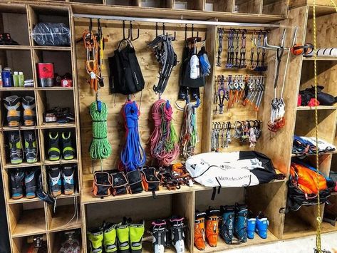 Gear closet of @malcolmgwood #gearstoke #weighmyrack Gear Room Ideas, Gear Room Organization, Outdoor Gear Organization, Sports Gear Storage, Outdoor Gear Storage, Gear Closet, Camping Gear Storage, Adventure Room, Gear Room