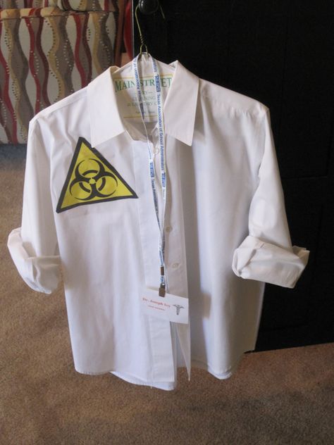 Mad Scientist Costume - my old white shirt for a lab coat, printed biohazard logo, and id badge.  spike his hair real crazy and put some dark shadow under his eyes so he looks like he has been up all night in the lab! Kids Scientist Costume Diy, Mad Scientist Costume Women's, Inventor Costume, Scientist Lab Coat, Scientist Outfit, Id Badge Template, Kids Lab Coat, Mad Scientist Costume, Scientist Costume