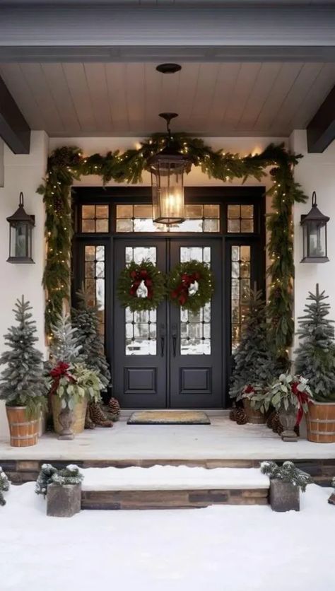 30+ Genius Christmas Front Porch Decorating Ideas - HubPages Cedar Garland Front Porch, Outdoor Christmas Entryway, Mini Christmas Tree Front Porch, Outside Home Christmas Decor, Christmas Cedar Decor, Christmas Garland Over Front Door, Holiday Front Door Decor Porch Ideas, Entry Way Christmas Trees, Christmas Tree Front Porch Ideas