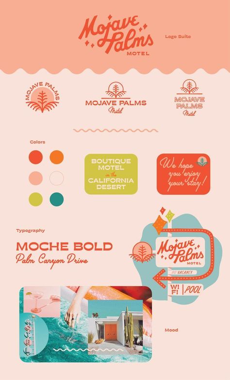 This contains an image of: Mojave Palms Motel Brand Kit by Abby Leighton Branding Mood Board, Brand Color Palette, Brand Kit, Branding Design Inspiration, Brand Board, Branding Kit, Modern Graphic Design, Graphic Design Branding, Brand Identity Design