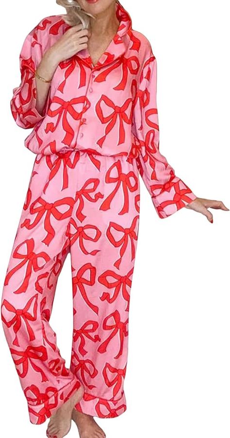 MAINESAKA Womens Button Down Pajamas Set Long Sleeve Bow/Heart Print Button Up Shirt Lounge Pants y2k Pjs Cute Sleepwear (Bow, M) at Amazon Women’s Clothing store Cute Sleepwear, Bow Print, Floral Pajamas, Cute Pants, Sleepwear Sets, Print Pajamas, Pajamas Set, Long Sleeve Pyjamas, Sleepwear Women