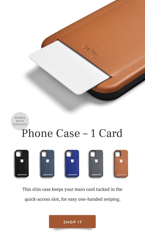 The slim leather Phone Case with card slot. Tuck a bill behind the case, leave your wallet at home, and your night (or day) out just got that bit slimmer too. Phone Case Ads, Bag Ads, Ig Graphics, Instagram Ads Ideas, Leather Phone Case Wallet, Travel Pack, Shooting Photo, Minimalist Wallet, Instagram Ads